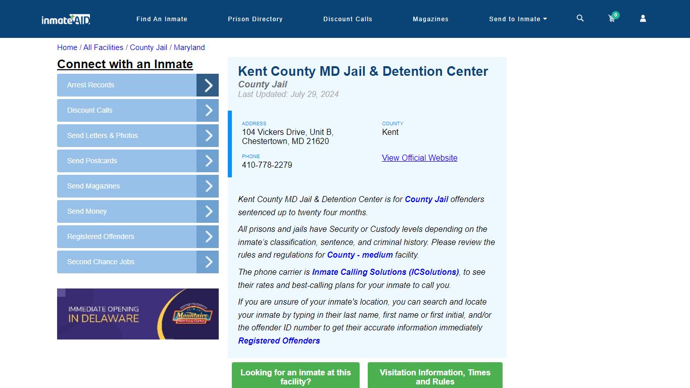 Kent County MD Jail & Detention Center - Inmate Locator